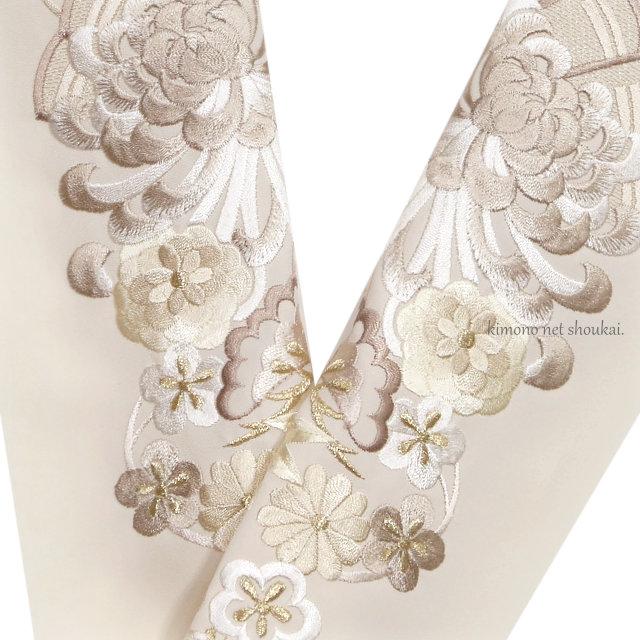 刺繍半襟 半衿 生成り×金 菊 松竹梅 扇面 日本製 シルエリー 半襟 振袖
