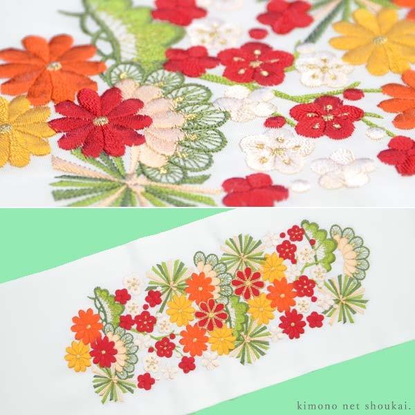 刺繍半襟 刺繍半衿（白地 赤・朱色・黄 松竹梅に菊 13463】日本製