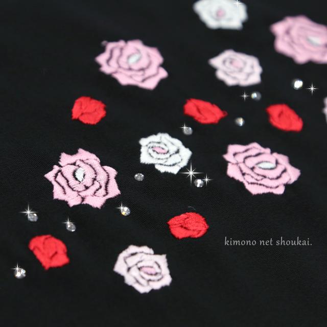 正絹 半衿 半襟 絹交織 黒 赤白ピンク 薔薇 光ストーン加工 日本製