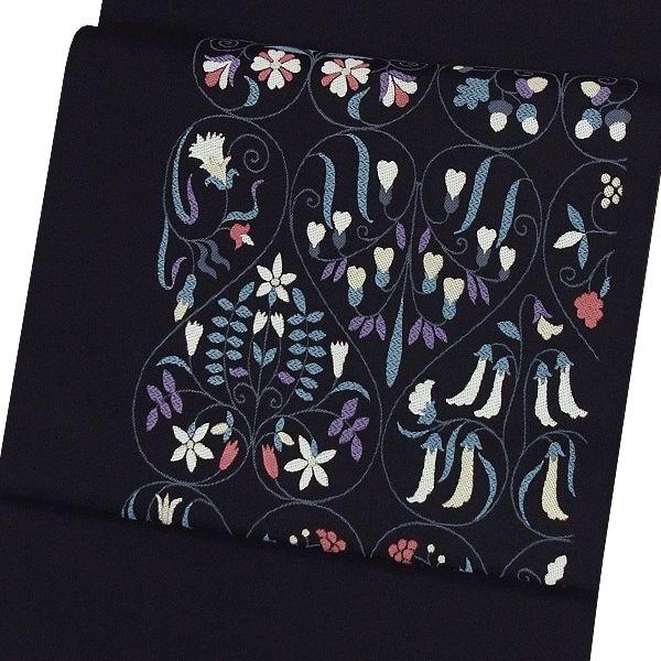 九寸名古屋帯 本場筑前博多織 正絹【黒地 /風のガーデン】 お仕立代込