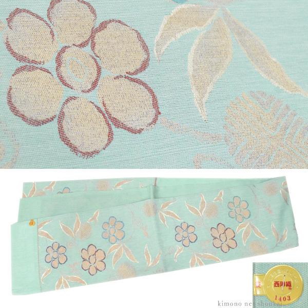 正絹 西陣六通 袋帯 シルバー地に銀糸、ブルー、ミントグリーンの唐花紋様 美品 正絹 西陣六通 袋帯 シルバー地に銀糸、ブルー、ミントグリーン