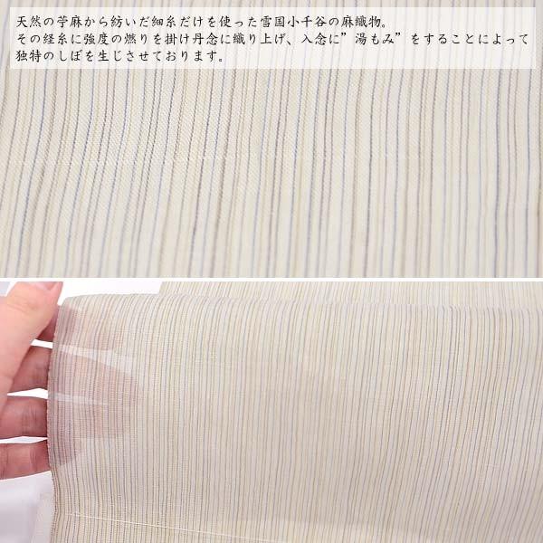 本場小千谷ちぢみ 麻 夏の着物【縞/ 淡いベージュ地にブラウン系・青 