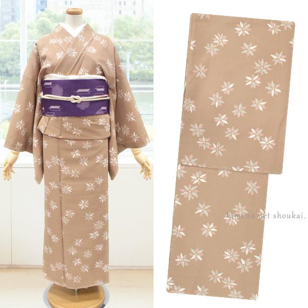 洗える 袷着物 6点 セット Lサイズ モカブラウン花 /名古屋帯 帯揚げ