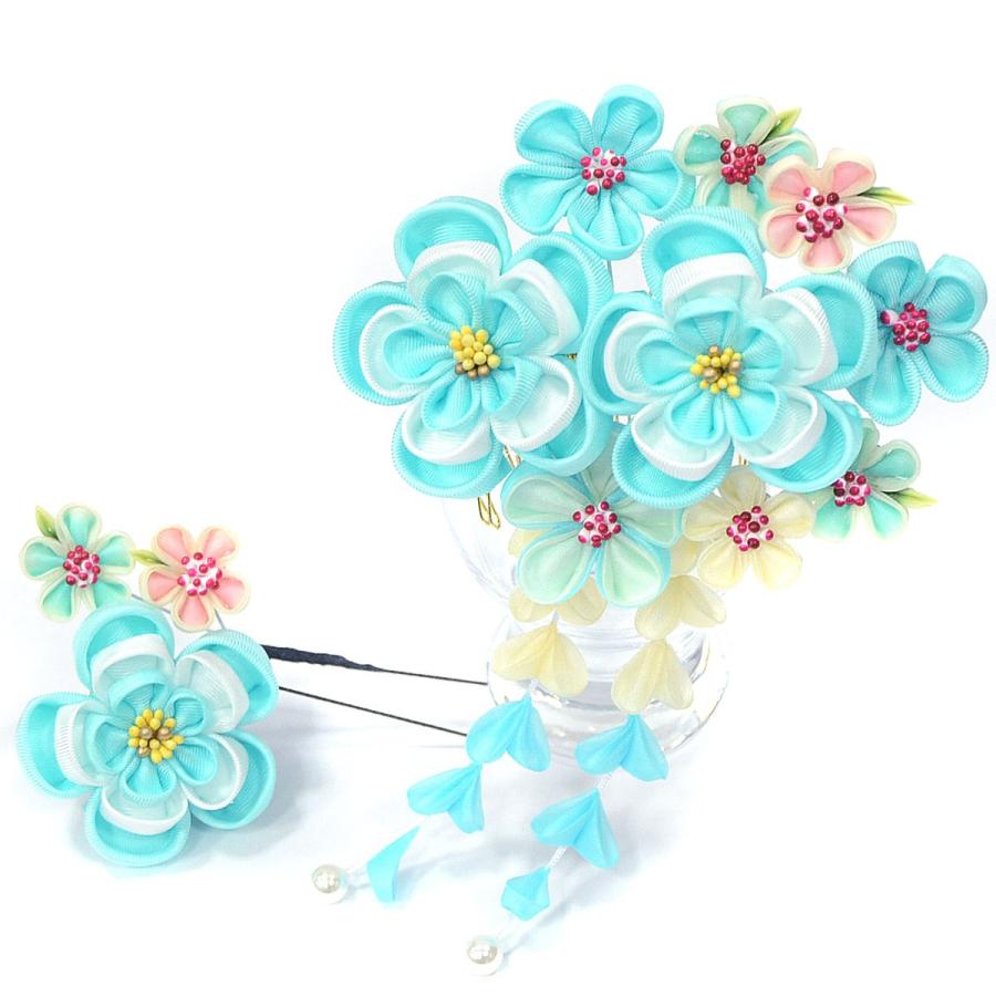 振袖用 簪 髪飾り つまみ細工【2個セット 三つ重ね花 水色・アクア