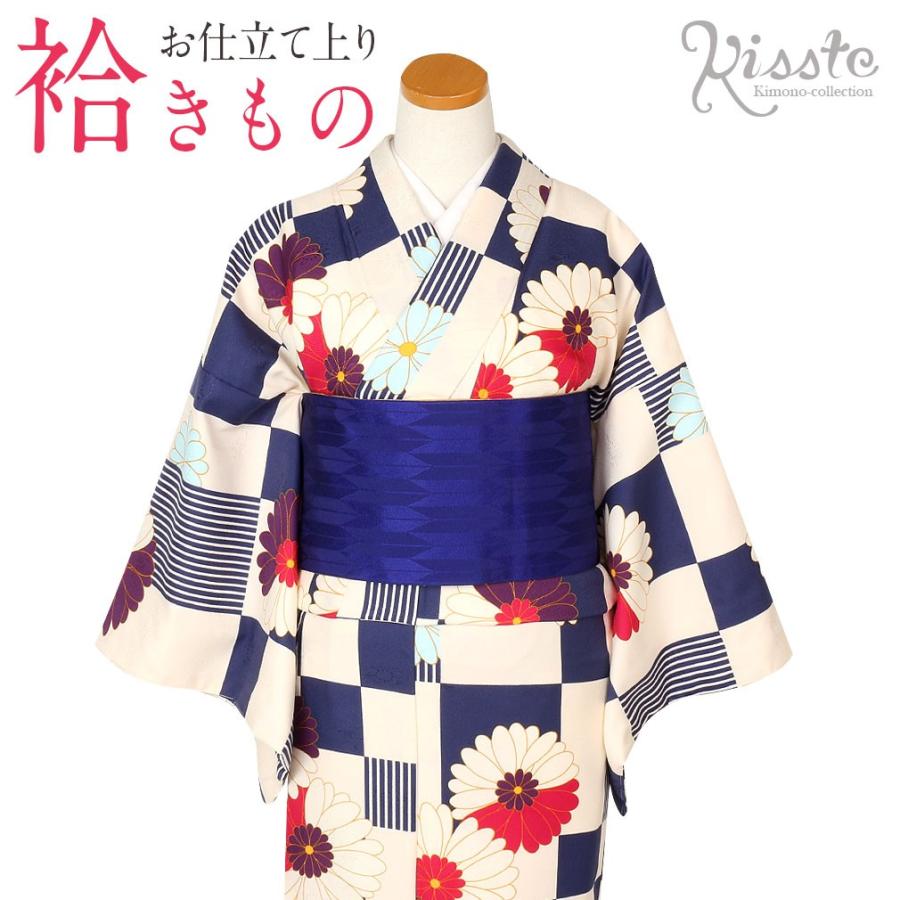 Kisste（キステ） 着物 小紋 袷 生成り 紺 市松 菊 M L レディース