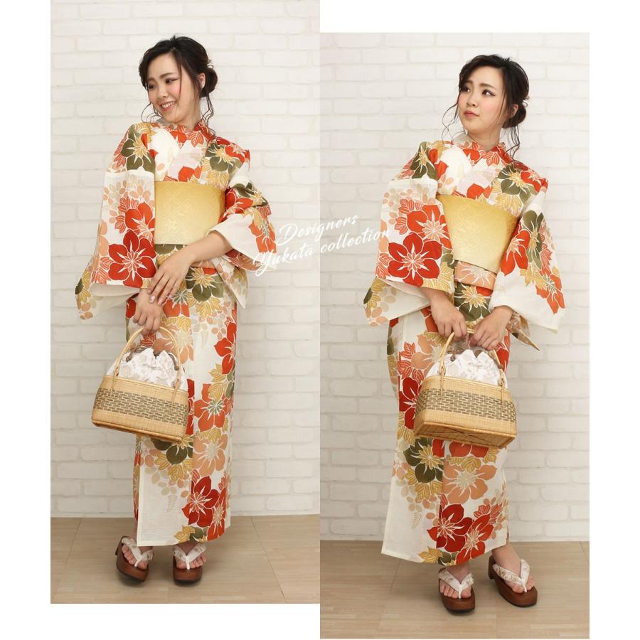 美品 夏着物 正絹 紗“観世水や唐花でリズムをつける多彩色グラデ”袋帯M-47 芸艸堂 浴衣 レディース ブランド 生成り色 橙色 鉄線模様 桂友