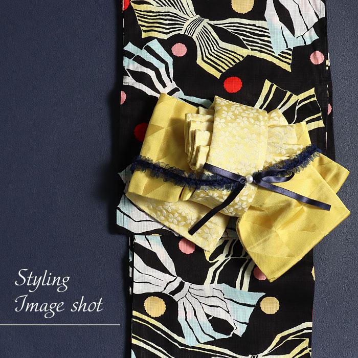 Kisste（キステ） 半幅帯 リバーシブル ピンク 黄 鱗に桜柄 撫松庵 夏