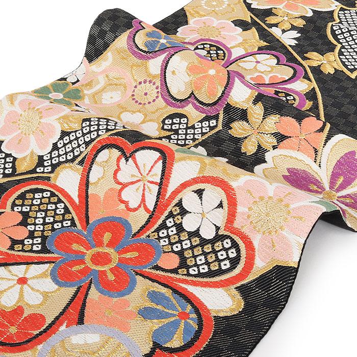 袋帯 振袖用 帯 成人式 黒 鹿の子 雪輪 華紋 SALE 爆買の画像