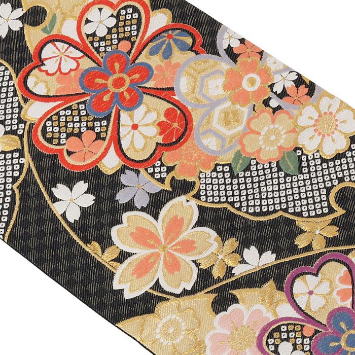 袋帯 振袖用 帯 成人式 黒 鹿の子 雪輪 華紋 SALE 爆買の画像