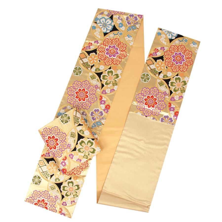 【洒落袋帯】未使用品◆上質な艶をまとう◆ゴールド×ブラウン横縞織/444cm 袋帯 振袖用 絹 波に桜紋様 ゴールドxブラックxホワイト 金糸