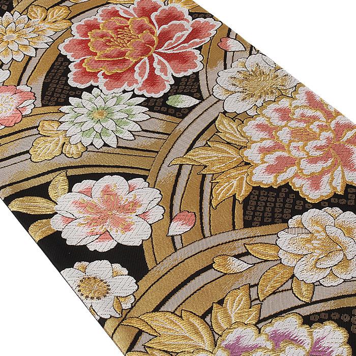 振袖 帯 袋帯 成人式 黒 牡丹 菊 八重桜 西陣 SALE 爆買の画像