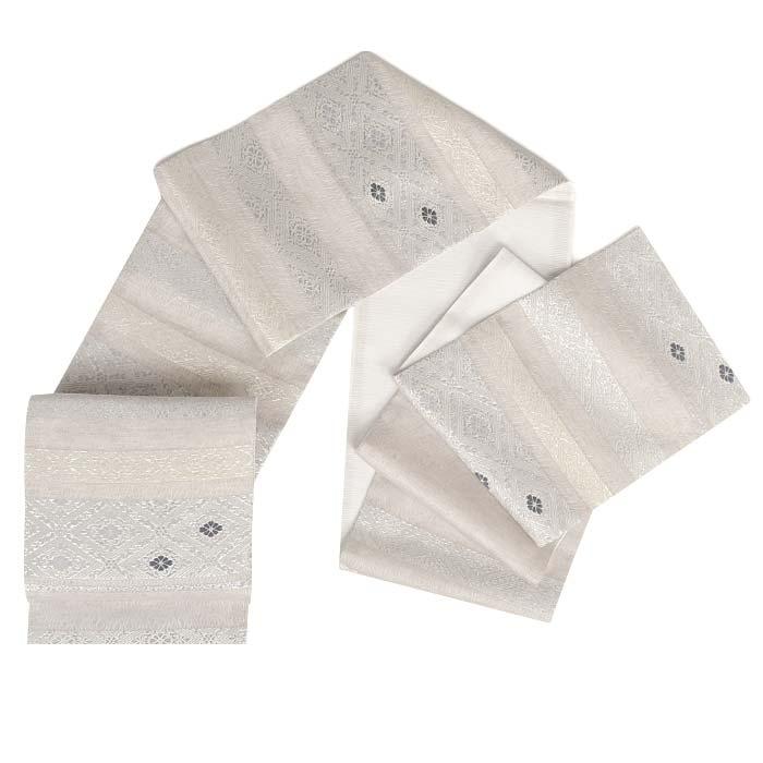 夏袋帯 袋帯 夏帯 フォーマル 礼装 夏訪問着 薄グレージュ シルバー 縞 菱 華紋 華翔苑 藤本仁織物 西陣織 仕立て上がり 新品