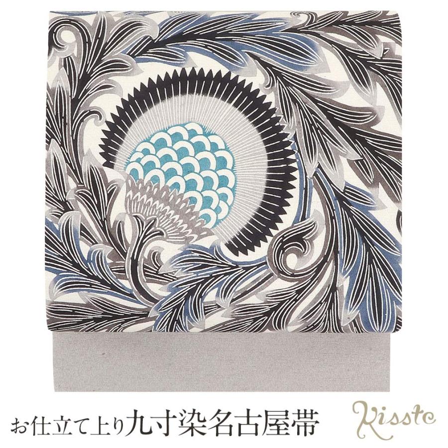 名古屋帯 正絹 新品 九寸名古屋帯 生成り 灰 青 SALE 爆買の画像