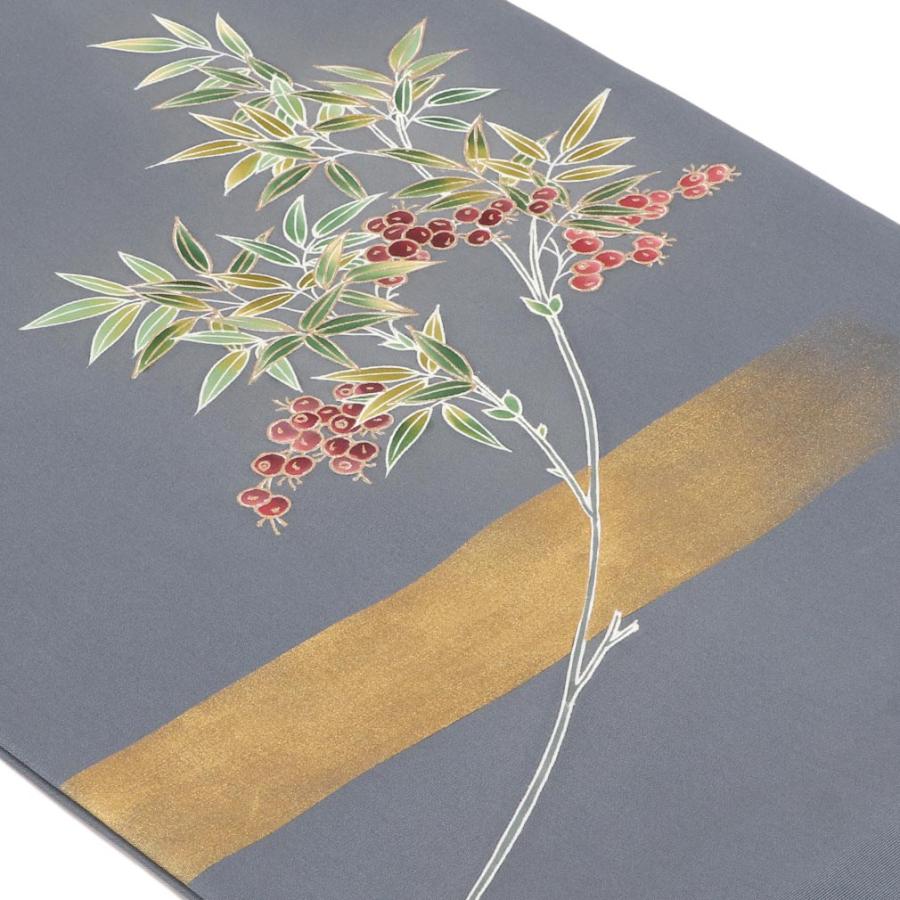 Kisste 名古屋帯 正絹 新品 九寸名古屋帯 グレー 南天 吉川染匠