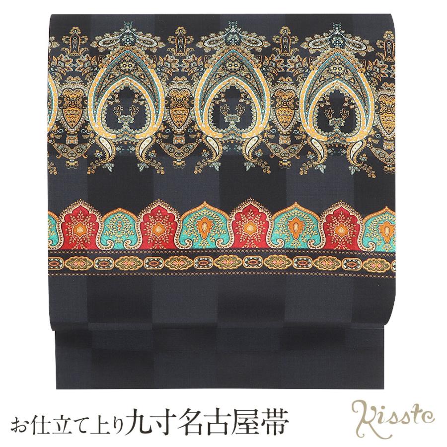 名古屋帯 正絹 新品 九寸名古屋帯 黒 灰 オリエ SALE 爆買の画像