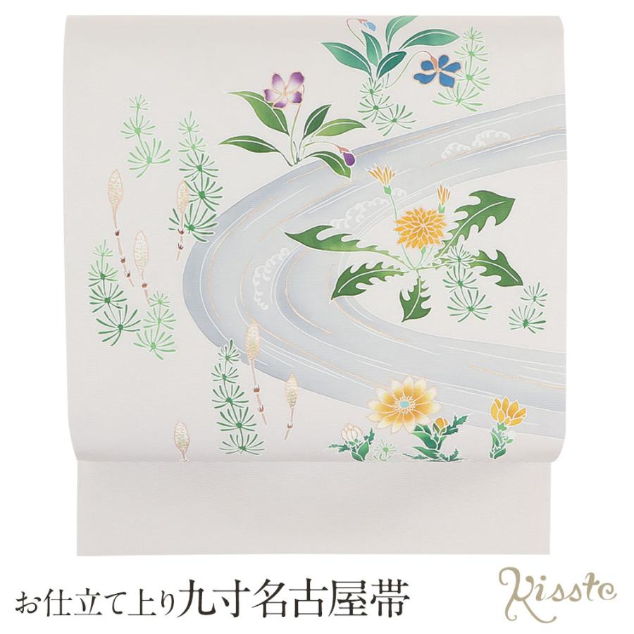名古屋帯 正絹 新品 九寸名古屋帯 薄灰 春の小川 SALE 爆買の画像