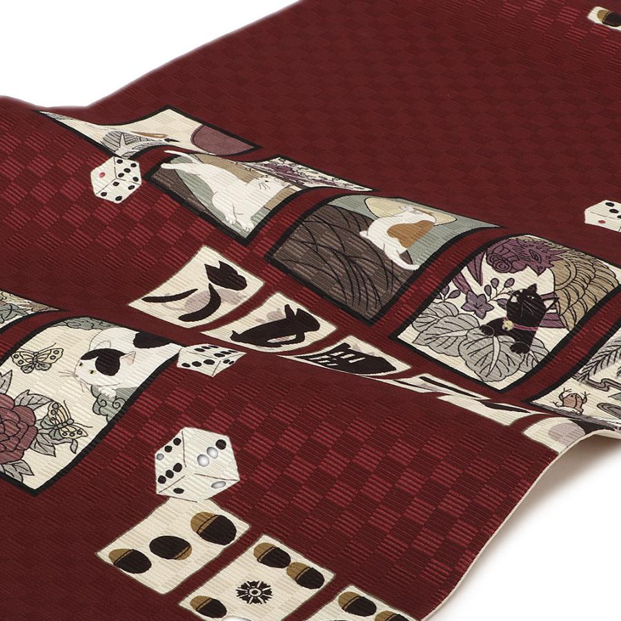 帯 京袋帯 正絹 お仕立て上がり エンジ 猫花合わ SALE 爆買の画像