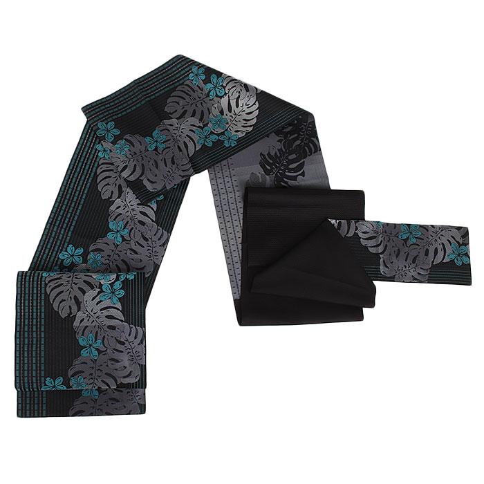 Kisste 名古屋帯 博多帯 博多織 帯 八寸 黒 モンステラ プルメリア