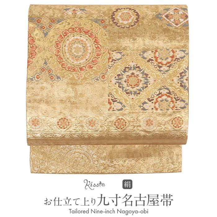 名古屋帯 ゴールド 宝相華文 やまひろ工藝 九寸 仕立て上がり 絹 未使用 新品 春 秋 冬の画像