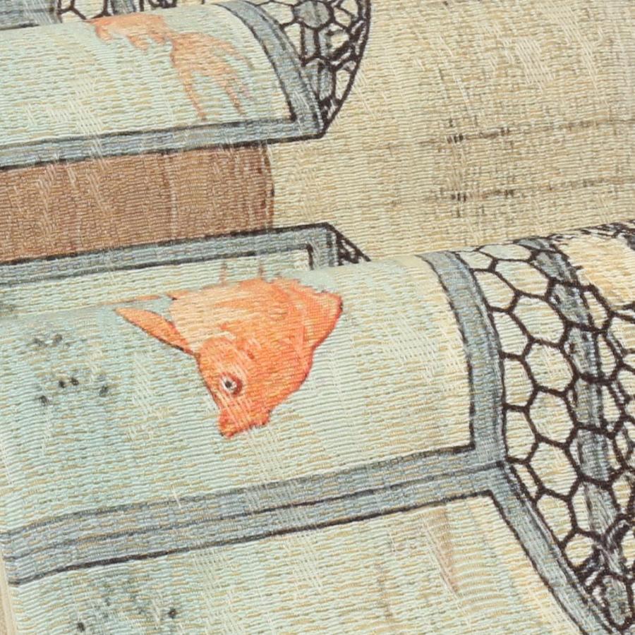 Kisste 半幅帯 正絹 アイボリー ブラウン 水槽の金魚を狙う猫 Kisste 半幅帯 正絹 アイボリー ブラウン 水槽の金魚を狙う猫