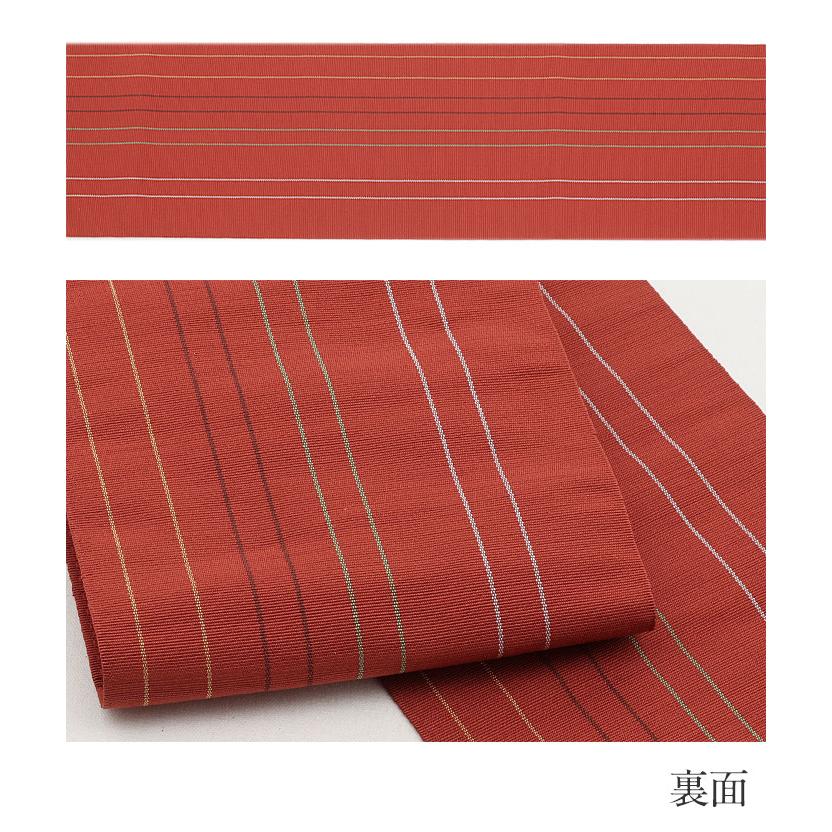 Kisste 博多織 半幅帯 絹 帯 朱色 赤 縞 唐草 小野織物 日本製 本場