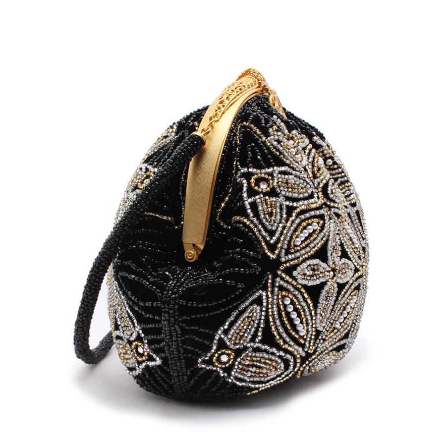 Kisste ビーズバッグ 手刺繍 国産グラスビーズ 黒 七宝に華 Kisste ビーズバッグ 手刺繍 国産グラスビーズ 黒 七宝に華
