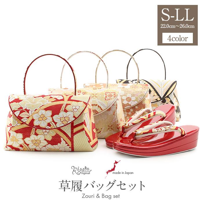 シルバー×黒]椿織生地草履バッグセットフリーサイズ成人式卒業式