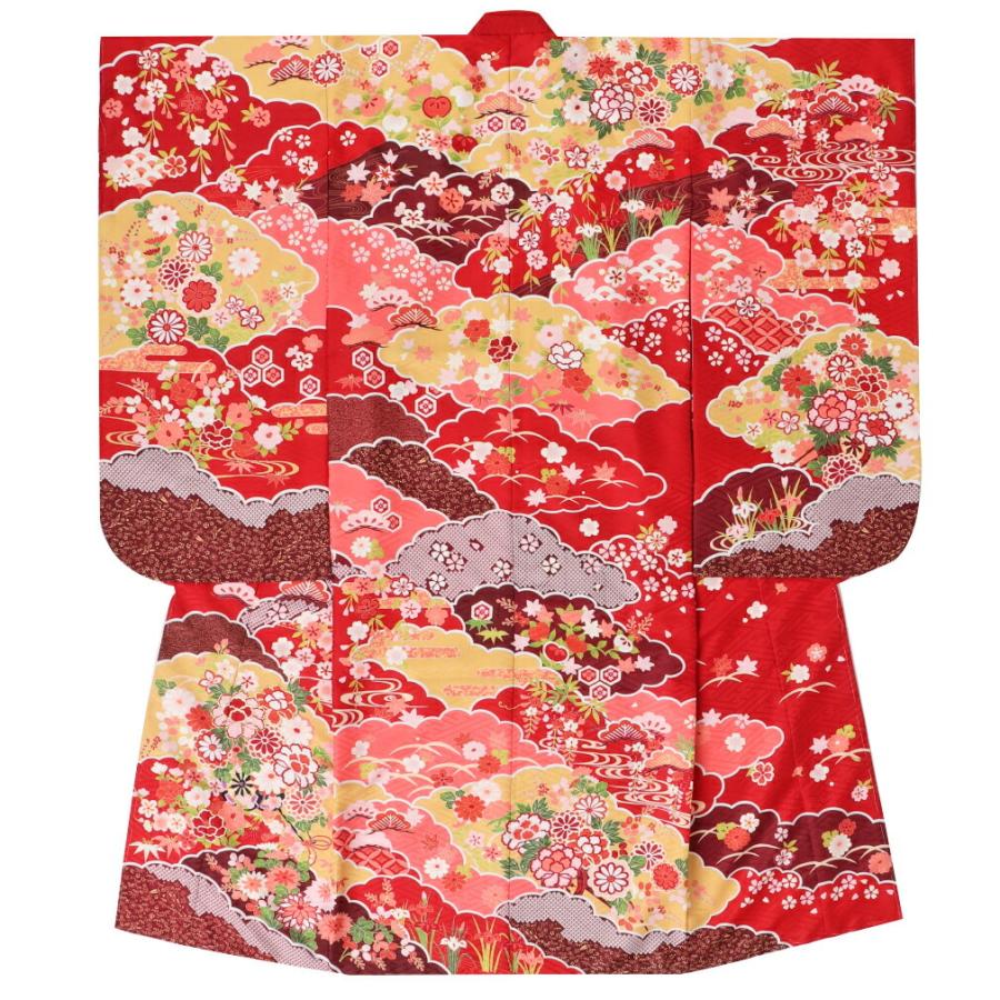 七五三 七歳‼️人気赤地に蝶々花々金彩金箔煌びやか‼️便利で人気❤️完全フルセット‼️赤 Kisste 七五三 着物 セット 7歳 女の子 赤 花車 雲取り 七五三