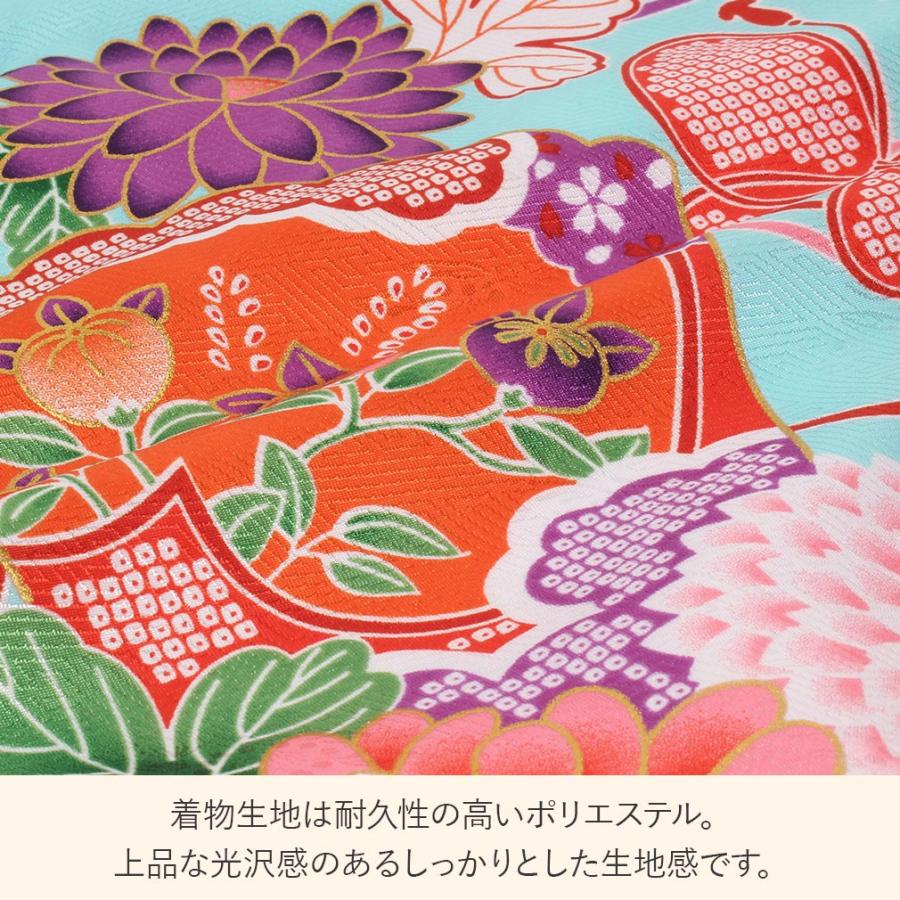 七五三 着物 3歳 女の子 被布セット 販売 7点 水色 赤 紫 白 橙 桃 牡丹 扇 万寿菊の画像