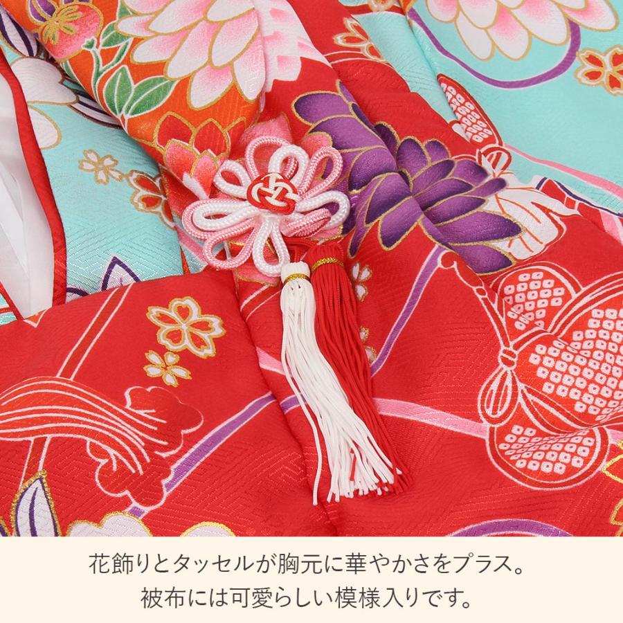 七五三 着物 3歳 女の子 被布セット 販売 7点 水色 赤 紫 白 橙 桃 牡丹 扇 万寿菊の画像