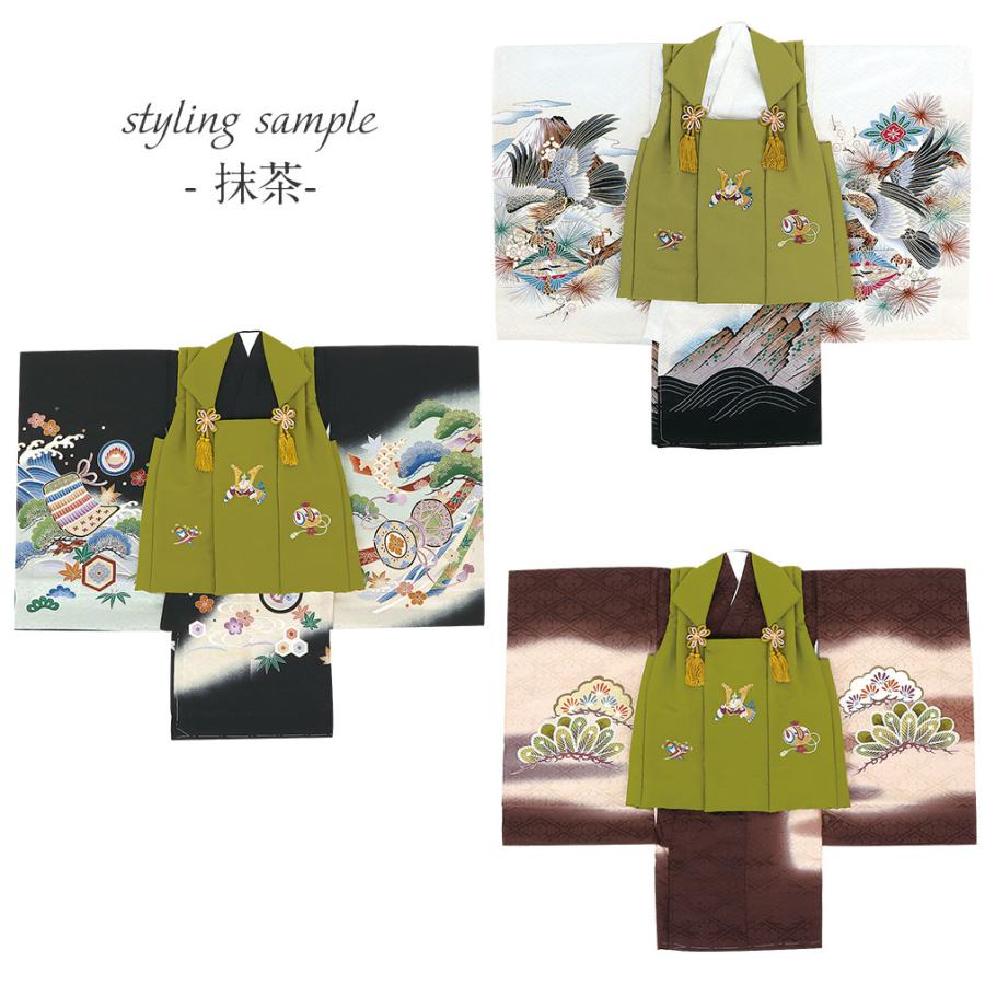 豪華刺繍入り♡七五三　3歳　男の子　抹茶色　緑系　小さめ Kisste 七五三 着物 3歳 男の子 被布 単品 刺繍 兜 ベージュ