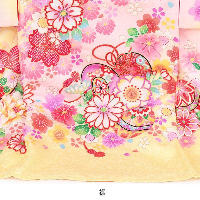 Kisste お宮参り 着物 女の子 産着 薄黄 桃 鼓 鞠 八重桜 万寿菊 