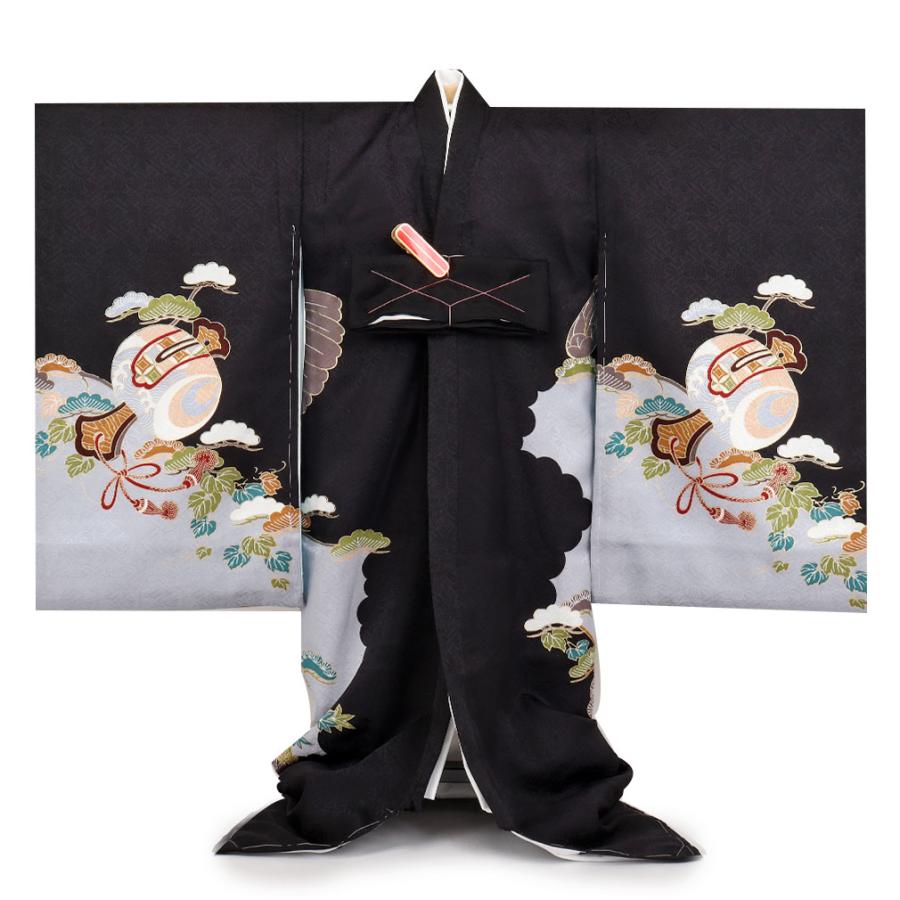 新品 初宮参り 一つ身 正絹 御祝着 七五三 松鷹 長襦袢付 男子 子供着物 黒 男の子のお宮参り産着 祝い着 「黒地 鷹、宝尽くし」 熨斗目 の