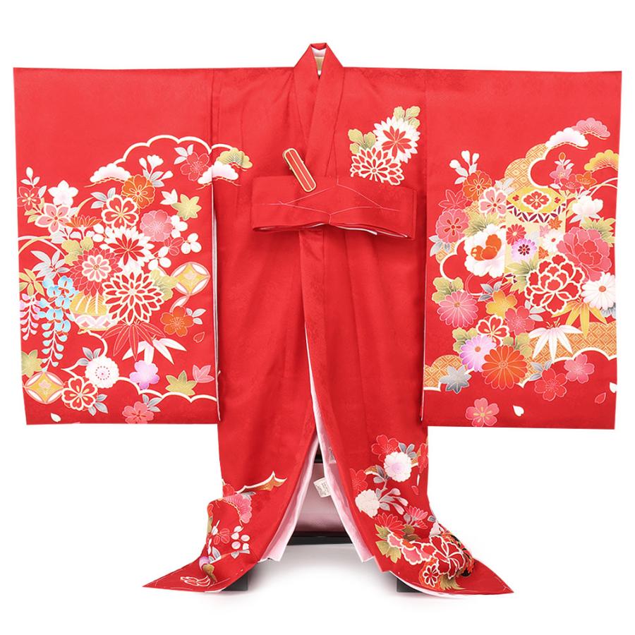 着物　お宮参り　産着　祝着　赤　花車　鈴　四季草花　女の子　襦袢付き Kisste（キステ） お宮参り 着物 女の子 服装 赤ちゃん 産着 掛け着