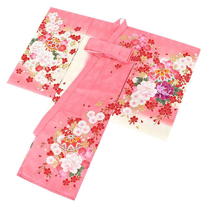 お宮参り 着物 女の子 産着 桃 ピンク 鞠 毬 牡丹 菊 桜 しだれ桜 正絹 友禅 金駒刺繍 金彩 新品_9