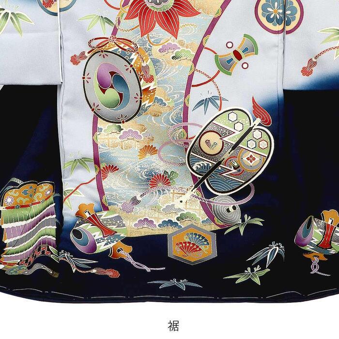 お宮参り 着物 男の子 産着 紺 金 ブルーグレー 正倉院文様 鏡 巻物 軍配 巴太鼓 正絹 友禅 金駒刺繍 刺繍 金彩 新品_3