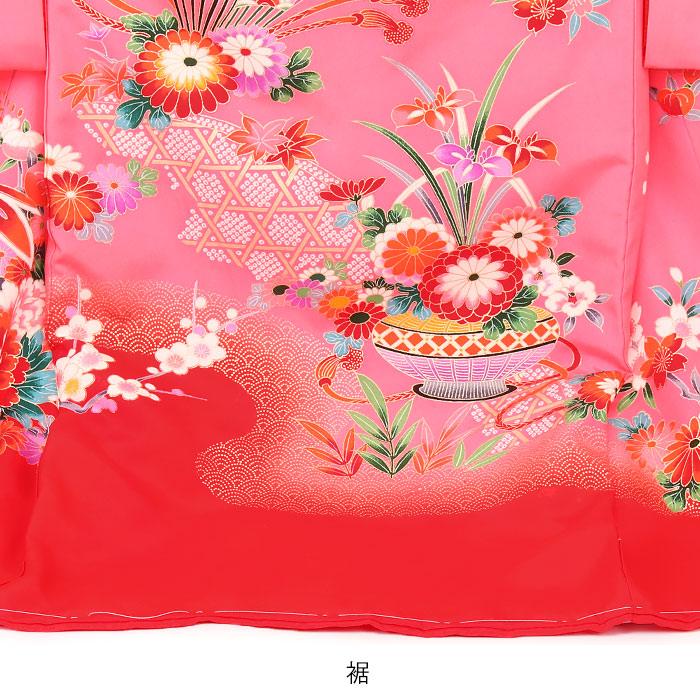 新品（純古典仕様）お宮参り 産着 祝着のきもの　京友禅染　豪華刺繍入り毬花鳥文 Kisste（キステ） お宮参り 着物 女の子 産着 赤 桃 扇 牡丹 几帳 糸巻