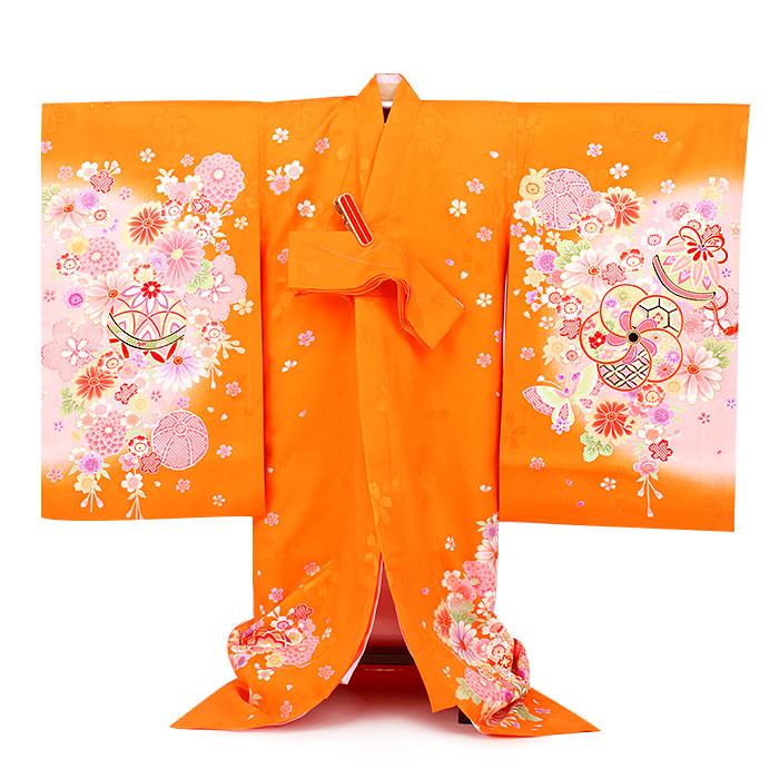 Kisste（キステ） お宮参り 着物 女の子 産着 橙 オレンジ 御所車 花車