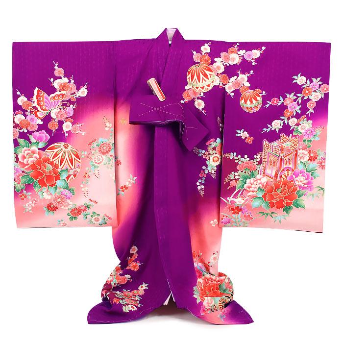 Kisste（キステ） お宮参り 着物 女の子 産着 濃紫 桃 花車 牡丹 藤