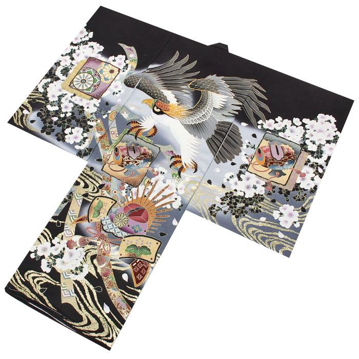 【新品 日本製】正絹 日本製 大鷹総刺繍 金彩加工 お宮参り 産着 男の子 黒 Kisste（キステ） お宮参り 着物 男の子 産着 黒 ブラック グレー 鷹
