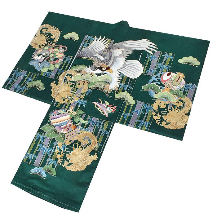 七五三用 緑色の和服 鷹と花の刺繍 七五三用 緑色の和服 鷹と花の刺繍 七五三用 緑色の和服 鷹