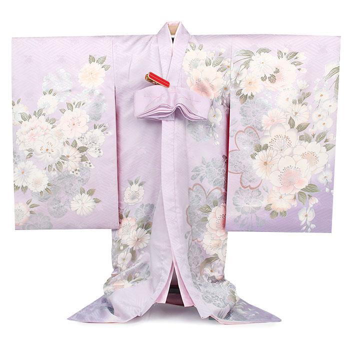 Kisste お宮参り 着物 女の子 産着 藤色 銀 鞠 八重桜 牡丹 桜