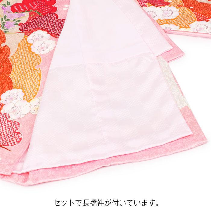 お宮参り 着物 女の子 産着 桃 ピンク 花車 万寿菊 桜 桃 橘 吉祥花 鹿の子 雪輪 吉祥紋 正絹 友禅 刺繍 金彩 新品_5