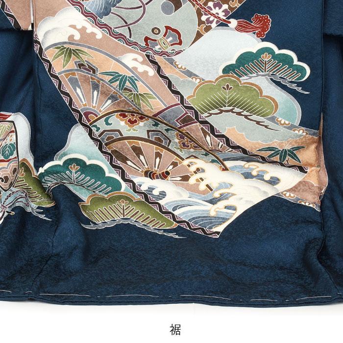 お宮参り 着物 男の子 産着 紺 青 水色 兜 絵巻物 宝尽くし 小槌 軍配 正絹 友禅 金駒刺繍 金彩 新品_3