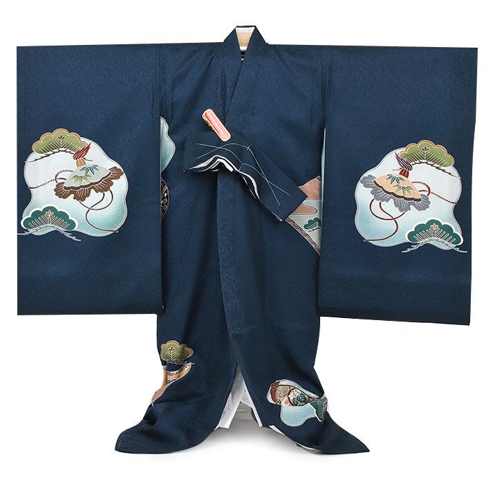お宮参り 着物 男の子 産着 紺 青 水色 兜 絵巻物 宝尽くし 小槌 軍配 正絹 友禅 金駒刺繍 金彩 新品_4