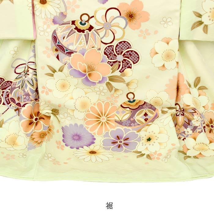 Kisste お宮参り 着物 女の子 産着 淡黄緑 花車 桜 鈴 正絹 友禅