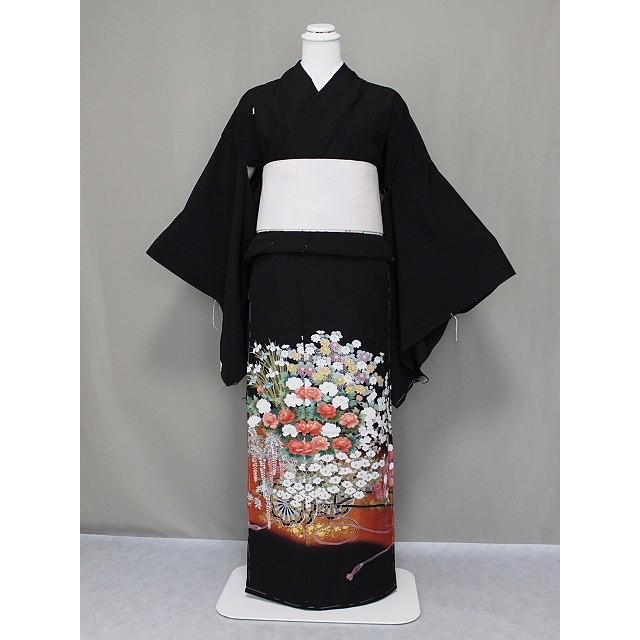 江戸褄 留袖 花柄の未仕立正絹江戸妻 当店在庫処分の黒留袖 古典柄の未