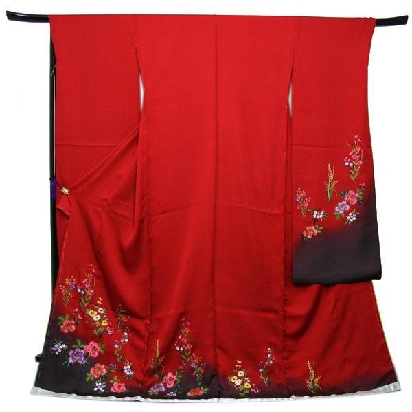 未仕立て正絹中振袖 赤地濃グレーぼかしに吉祥華刺繍