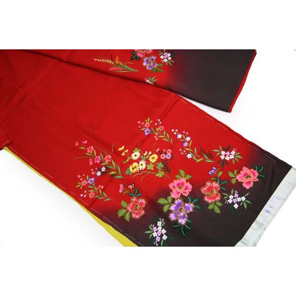 未仕立て正絹中振袖 赤地濃グレーぼかしに吉祥華刺繍_1
