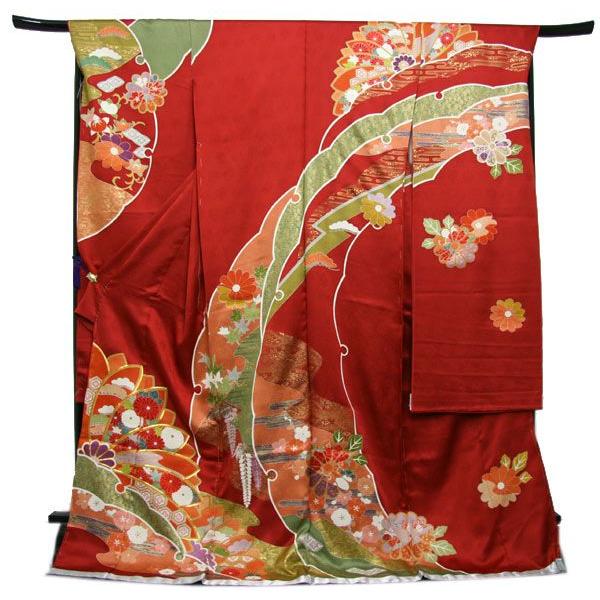 未仕立て正絹中振袖 赤地紗綾型地紋に吉祥古典雪輪模様